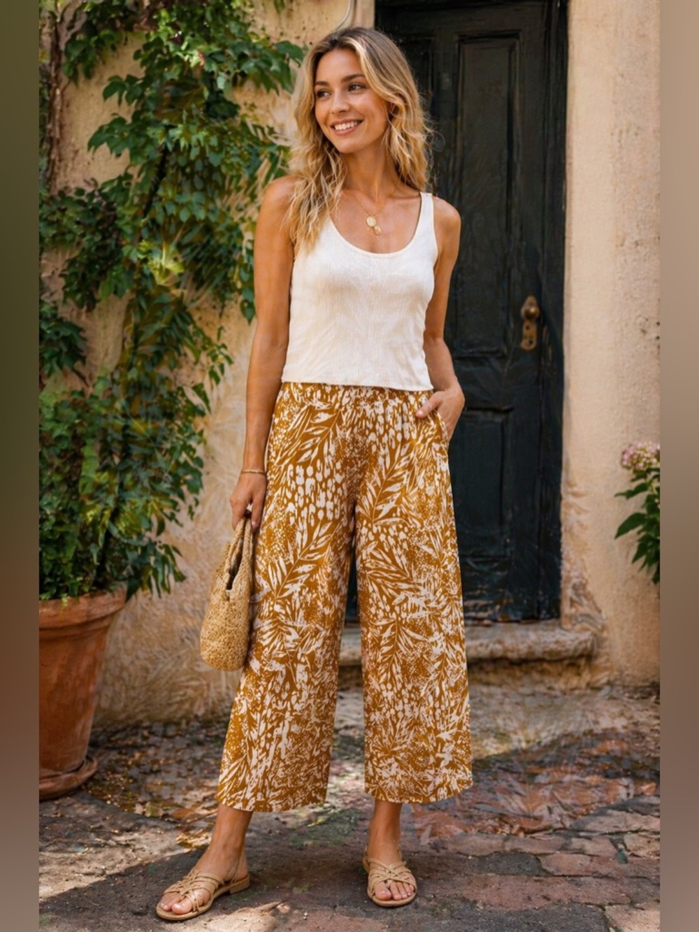 Christian Siriano 100% Linen Botanical Print Pants Mustard White Wide Leg Size L